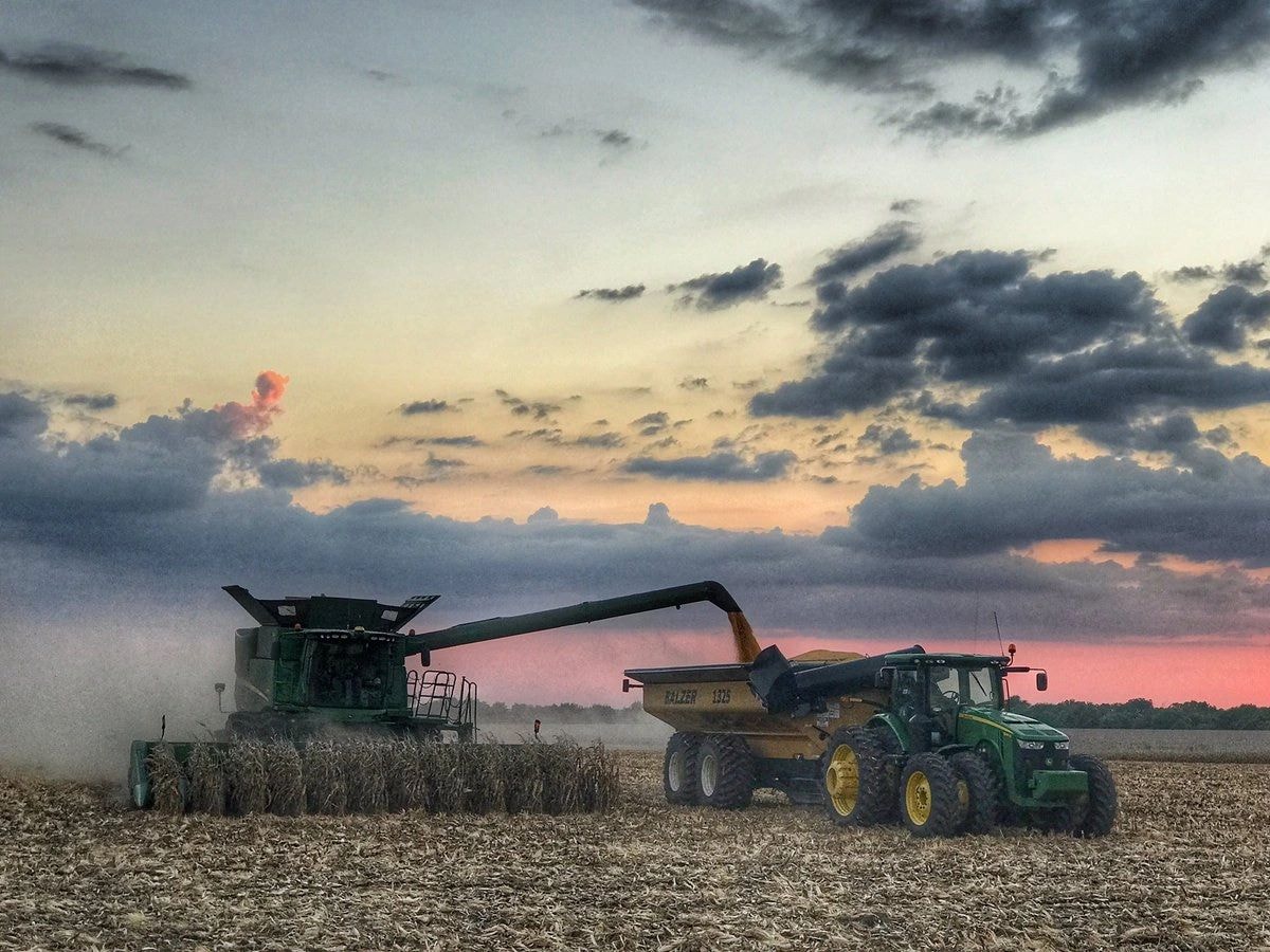 Combine harvester unloading grain at sunset